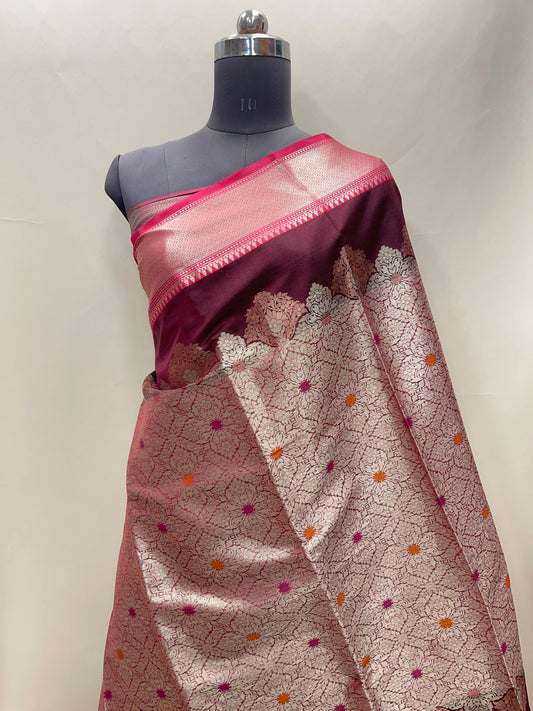 Faishana Presents Wine Floral Stripe Diagonal Zari Mina Jaal and Copper and Silver Boota with Contrast Green Pallu Banarasi Zari Border and Green Blouse