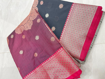 Faishana Presents Wine Floral Stripe Diagonal Zari Mina Jaal and Copper and Silver Boota with Contrast Green Pallu Banarasi Zari Border and Green Blouse