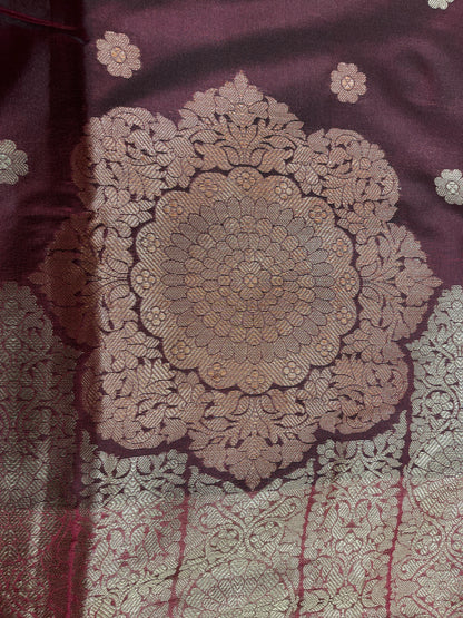 Faishana Presents Burgundy Floral Copper Zari Boota with Contrast Green Pallu Banarasi Zari Border with Green Multi Stripe Blouse