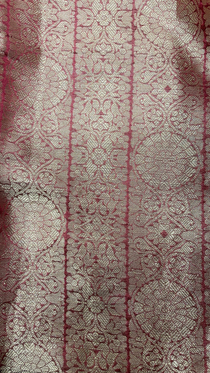 Faishana Presents Wine Floral Stripe Diagonal Zari Mina Jaal and Copper and Silver Boota with Contrast Green Pallu Banarasi Zari Border and Green Blouse