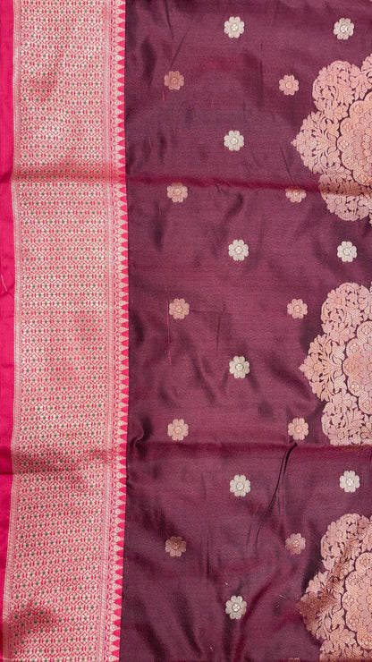 Faishana Presents Burgundy Floral Copper Zari Boota with Contrast Green Pallu Banarasi Zari Border with Green Multi Stripe Blouse