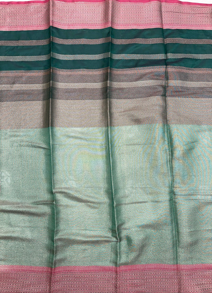 Faishana Presents Burgundy Floral Copper Zari Boota with Contrast Green Pallu Banarasi Zari Border with Green Multi Stripe Blouse