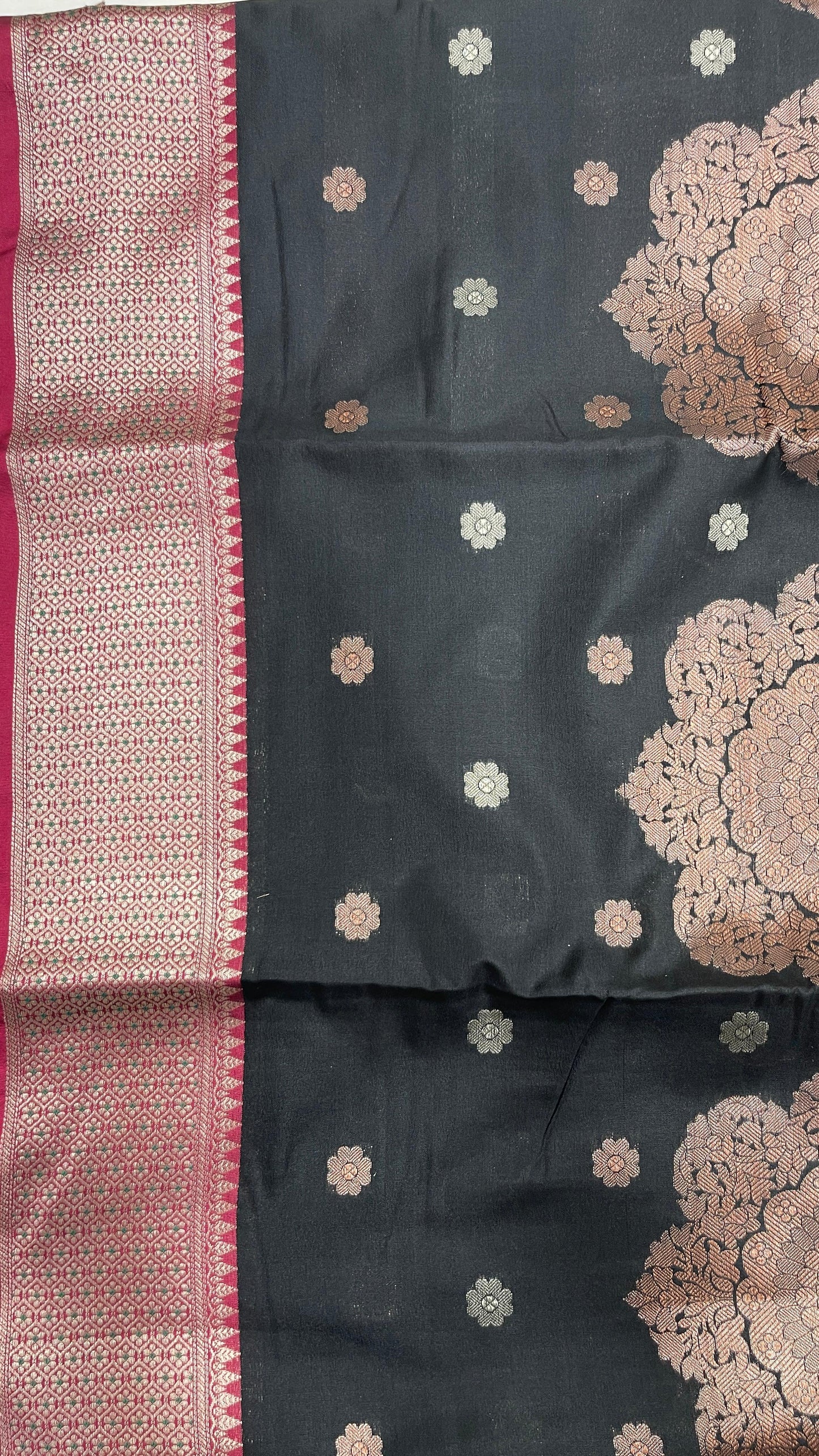 Faishana Presents Black Floral Copper Zari Boota with Contrast Maroon Pallu Banarasi Zari Border with Maroon Multi Stripe Blouse