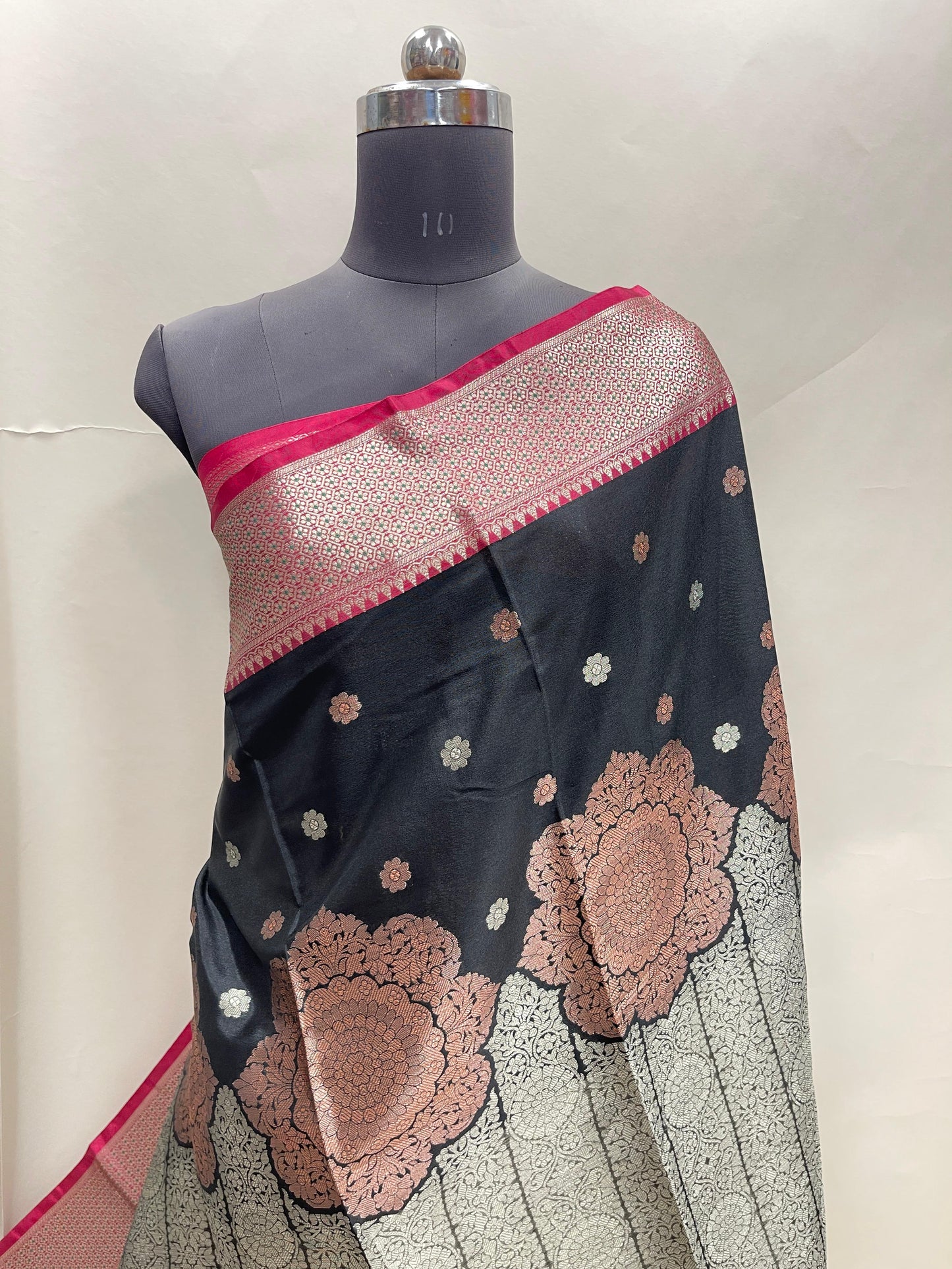 Faishana Presents Black Floral Copper Zari Boota with Contrast Maroon Pallu Banarasi Zari Border with Maroon Multi Stripe Blouse