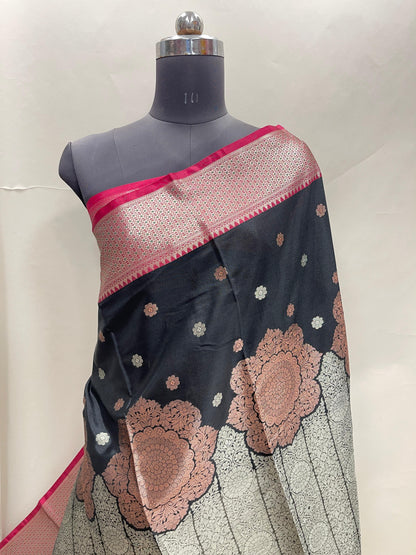 Faishana Presents Black Floral Copper Zari Boota with Contrast Maroon Pallu Banarasi Zari Border with Maroon Multi Stripe Blouse