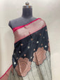 Faishana Presents Black Floral Copper Zari Boota with Contrast Maroon Pallu Banarasi Zari Border with Maroon Multi Stripe Blouse