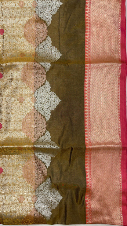 Faishana Presents Olive Green Floral Mina Zari Stripe and Dual Skirt Copper and Silver Boota with Contrast Green Pallu Banarasi Zari Border and Green Blouse