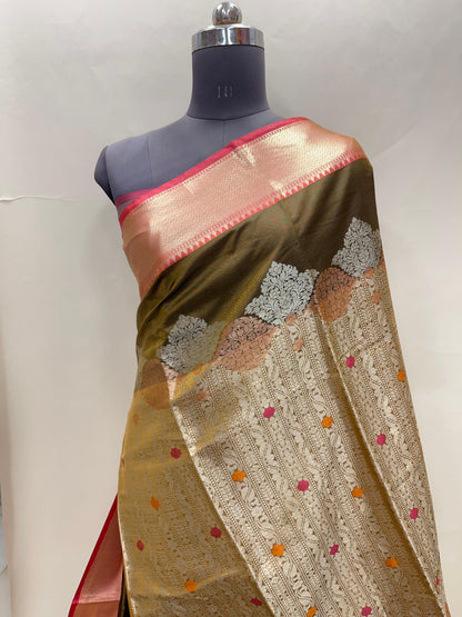 Faishana Presents Olive Green Floral Mina Zari Stripe and Dual Skirt Copper and Silver Boota with Contrast Green Pallu Banarasi Zari Border and Green Blouse