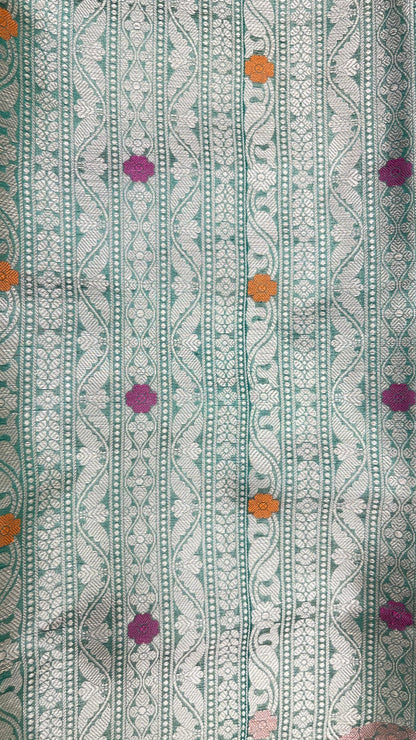 Faishana Presents Green Floral Mina Zari Stripe and Dual Skirt Copper and Silver Boota with Contrast Beige Pallu Banarasi Zari Border and Blue Blouse
