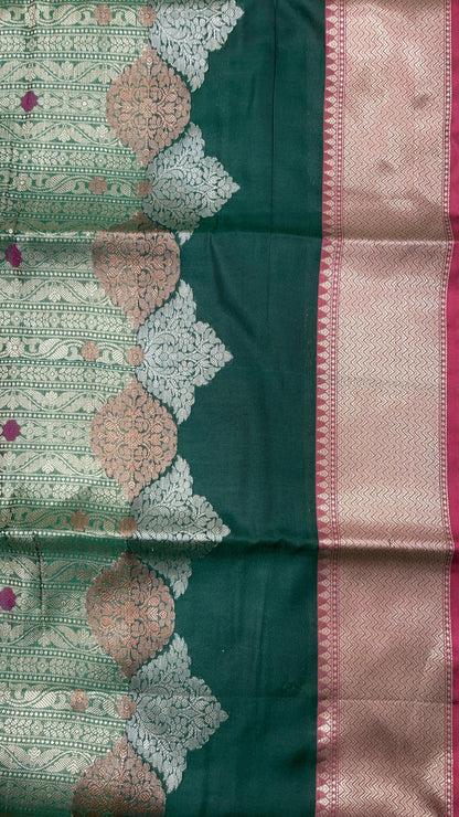 Faishana Presents Green Floral Mina Zari Stripe and Dual Skirt Copper and Silver Boota with Contrast Beige Pallu Banarasi Zari Border and Blue Blouse