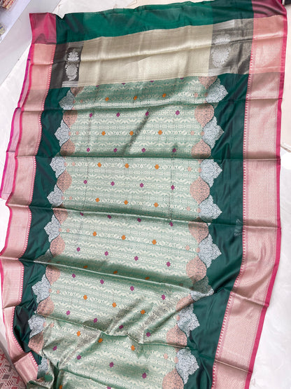 Faishana Presents Green Floral Mina Zari Stripe and Dual Skirt Copper and Silver Boota with Contrast Beige Pallu Banarasi Zari Border and Blue Blouse