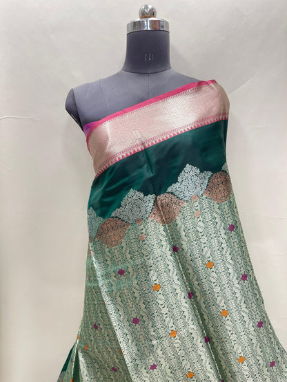Faishana Presents Green Floral Mina Zari Stripe and Dual Skirt Copper and Silver Boota with Contrast Beige Pallu Banarasi Zari Border and Blue Blouse