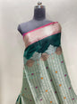 Faishana Presents Green Floral Mina Zari Stripe and Dual Skirt Copper and Silver Boota with Contrast Beige Pallu Banarasi Zari Border and Blue Blouse