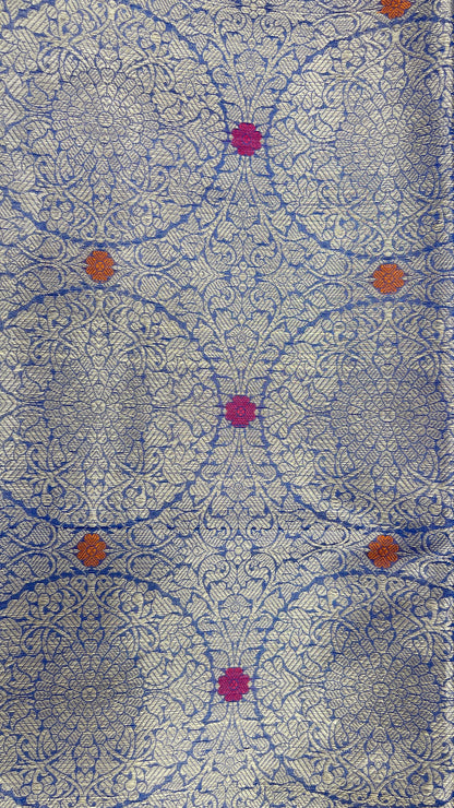 Faishana Presents Royal Blue Silver Zari Geometrical Mina Booti with Contrast Magenta Pallu Banarasi Zari Border and Magenta Blouse