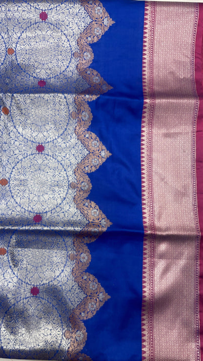 Faishana Presents Royal Blue Silver Zari Geometrical Mina Booti with Contrast Magenta Pallu Banarasi Zari Border and Magenta Blouse