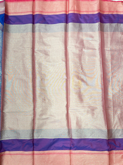 Faishana Presents Royal Blue Silver Zari Geometrical Mina Booti with Contrast Magenta Pallu Banarasi Zari Border and Magenta Blouse