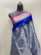 Faishana Presents Royal Blue Silver Zari Geometrical Mina Booti with Contrast Magenta Pallu Banarasi Zari Border and Magenta Blouse