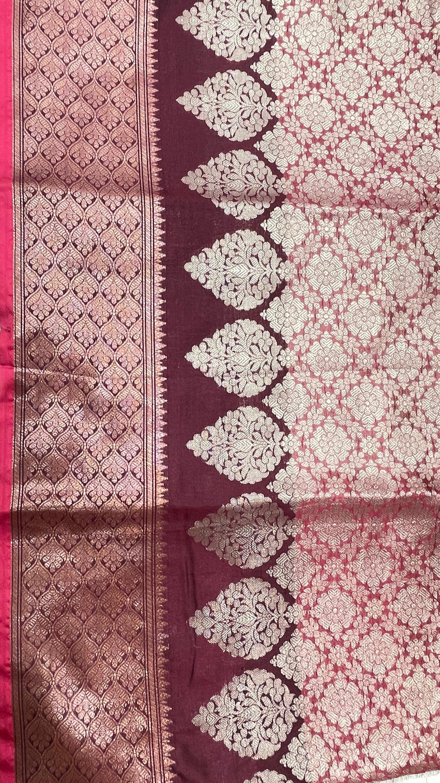 Faishana Presents Burgundy Art Silk Floral Zari Boota Sliver Jaal and Dual Skirt Silver Zari Boota Copper Zari Border with Contrast Black Pallu and Black Blouse