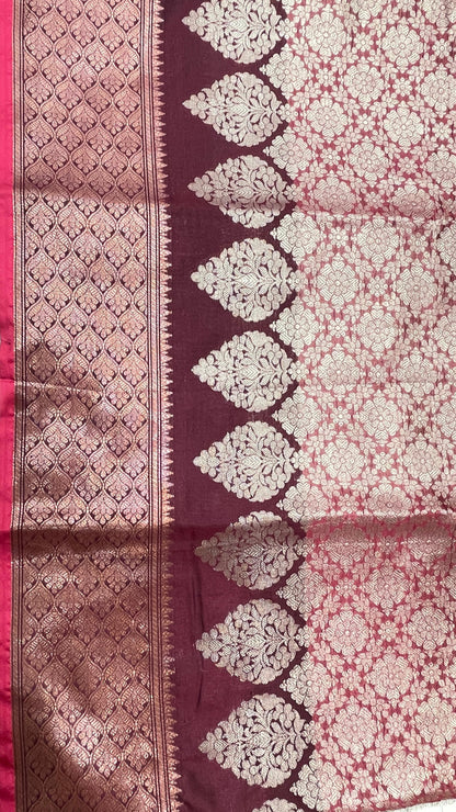 Faishana Presents Burgundy Art Silk Floral Zari Boota Sliver Jaal and Dual Skirt Silver Zari Boota Copper Zari Border with Contrast Black Pallu and Black Blouse