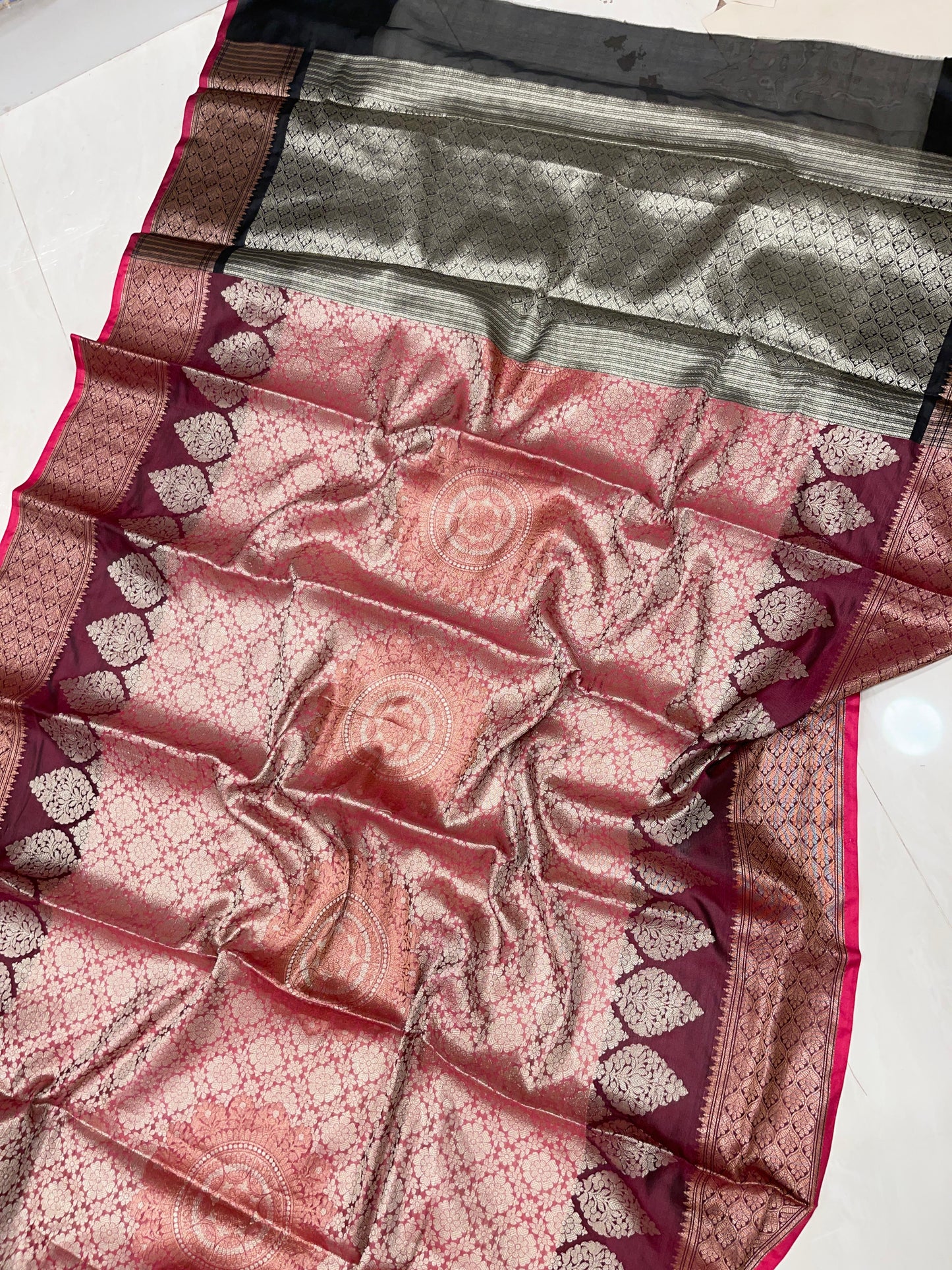 Faishana Presents Burgundy Art Silk Floral Zari Boota Sliver Jaal and Dual Skirt Silver Zari Boota Copper Zari Border with Contrast Black Pallu and Black Blouse