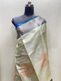 Faishana Presents Off-white Floral Mina Zari Stripe and Dual Skirt Copper and Silver Boota with Contrast Blue Pallu Blue Zari Border and Blue Blouse