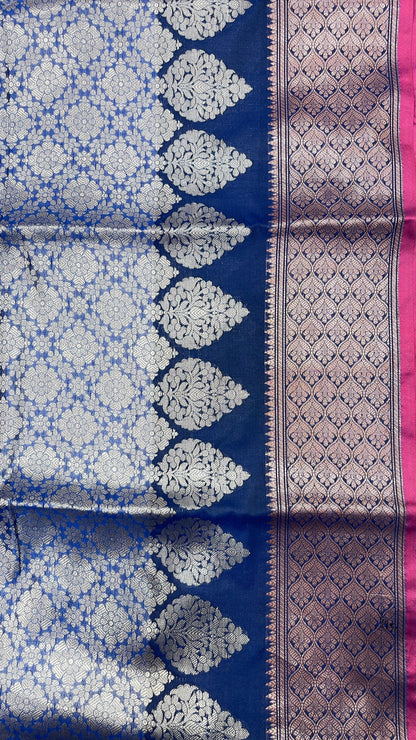 Faishana Presents Blue Art Silk Floral Zari Copper Boota Sliver Jaal and Dual Skirt Silver Zari Boota Copper Zari Border with Contrast Maroon Pallu and Maroon Blouse