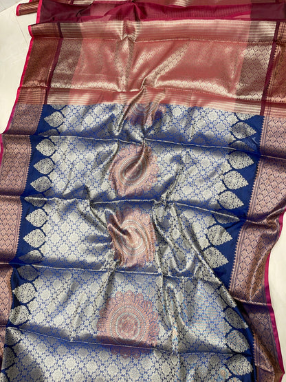 Faishana Presents Blue Art Silk Floral Zari Copper Boota Sliver Jaal and Dual Skirt Silver Zari Boota Copper Zari Border with Contrast Maroon Pallu and Maroon Blouse