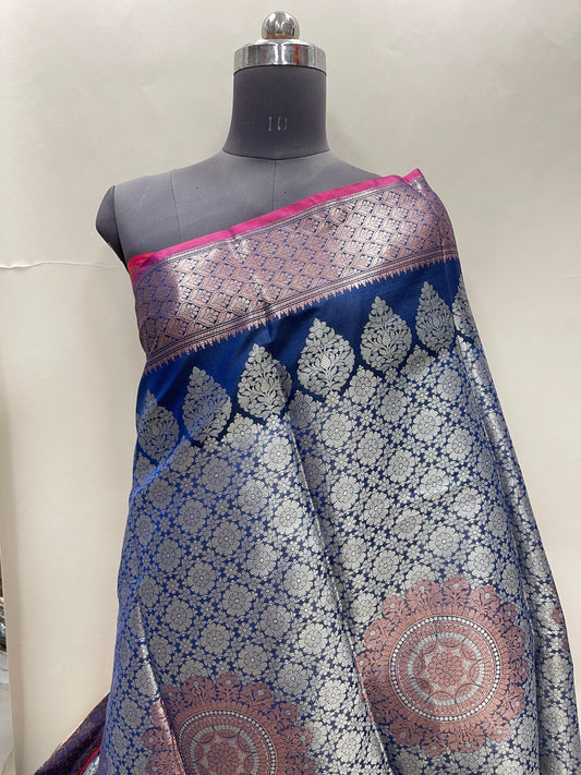 Faishana Presents Blue Art Silk Floral Zari Copper Boota Sliver Jaal and Dual Skirt Silver Zari Boota Copper Zari Border with Contrast Maroon Pallu and Maroon Blouse