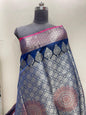 Faishana Presents Blue Art Silk Floral Zari Copper Boota Sliver Jaal and Dual Skirt Silver Zari Boota Copper Zari Border with Contrast Maroon Pallu and Maroon Blouse