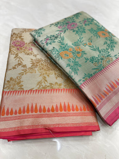 Faishana Presents Green Art Silk Floral Tilfi Mina Zari Jaal with Contrast Pink Minakari Boota Pallu Double Mina Zari Border and Pink Blouse
