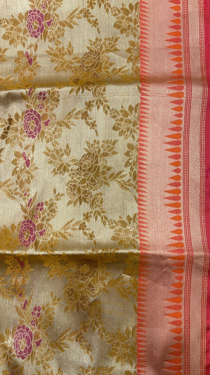 Faishana Presents Gold Art Silk Floral Tilfi Mina Zari Jaal with Contrast Pink Minakari Boota Pallu Double Mina Zari Border and Pink Blouse