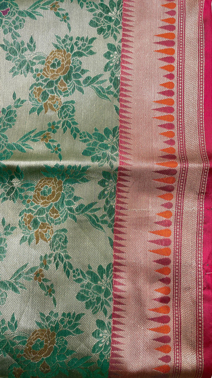 Faishana Presents Green Art Silk Floral Tilfi Mina Zari Jaal with Contrast Pink Minakari Boota Pallu Double Mina Zari Border and Pink Blouse