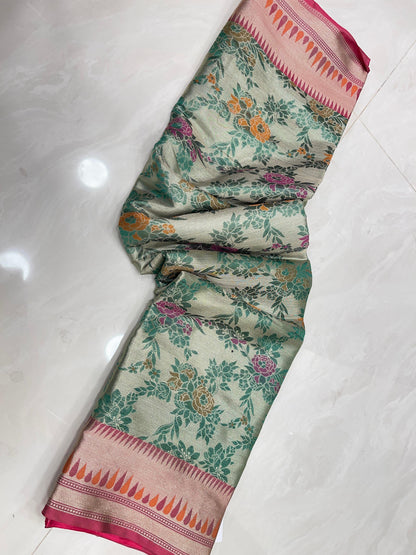 Faishana Presents Green Art Silk Floral Tilfi Mina Zari Jaal with Contrast Pink Minakari Boota Pallu Double Mina Zari Border and Pink Blouse