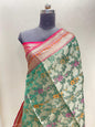 Faishana Presents Green Art Silk Floral Tilfi Mina Zari Jaal with Contrast Pink Minakari Boota Pallu Double Mina Zari Border and Pink Blouse