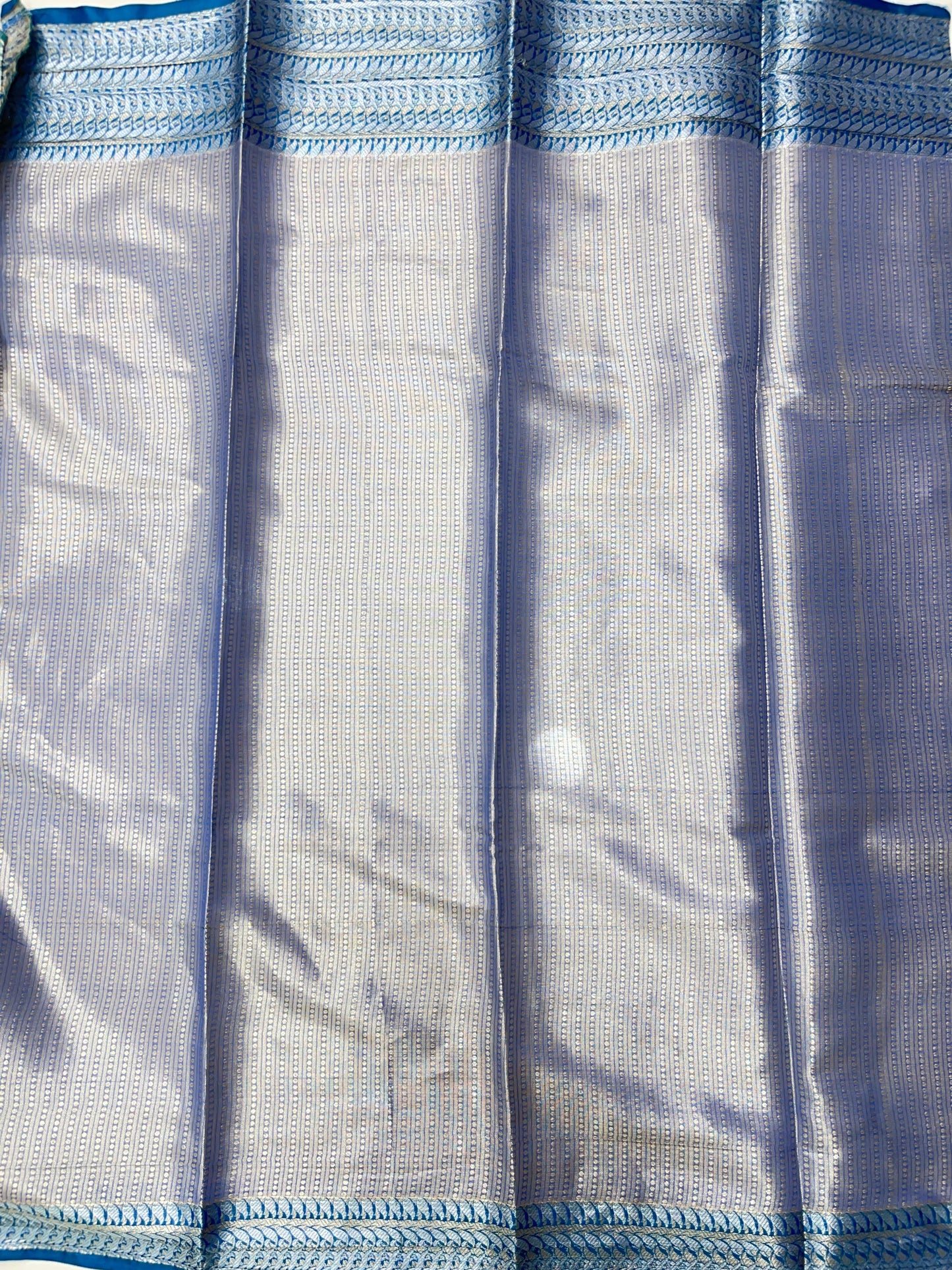 Faishana Presents LimeGreen Art Silk Floral Lehariya Sliver Jaal with Contrast Blue Pallu and Olive Copper Silver Jaal Zari Border with Blue Blouse