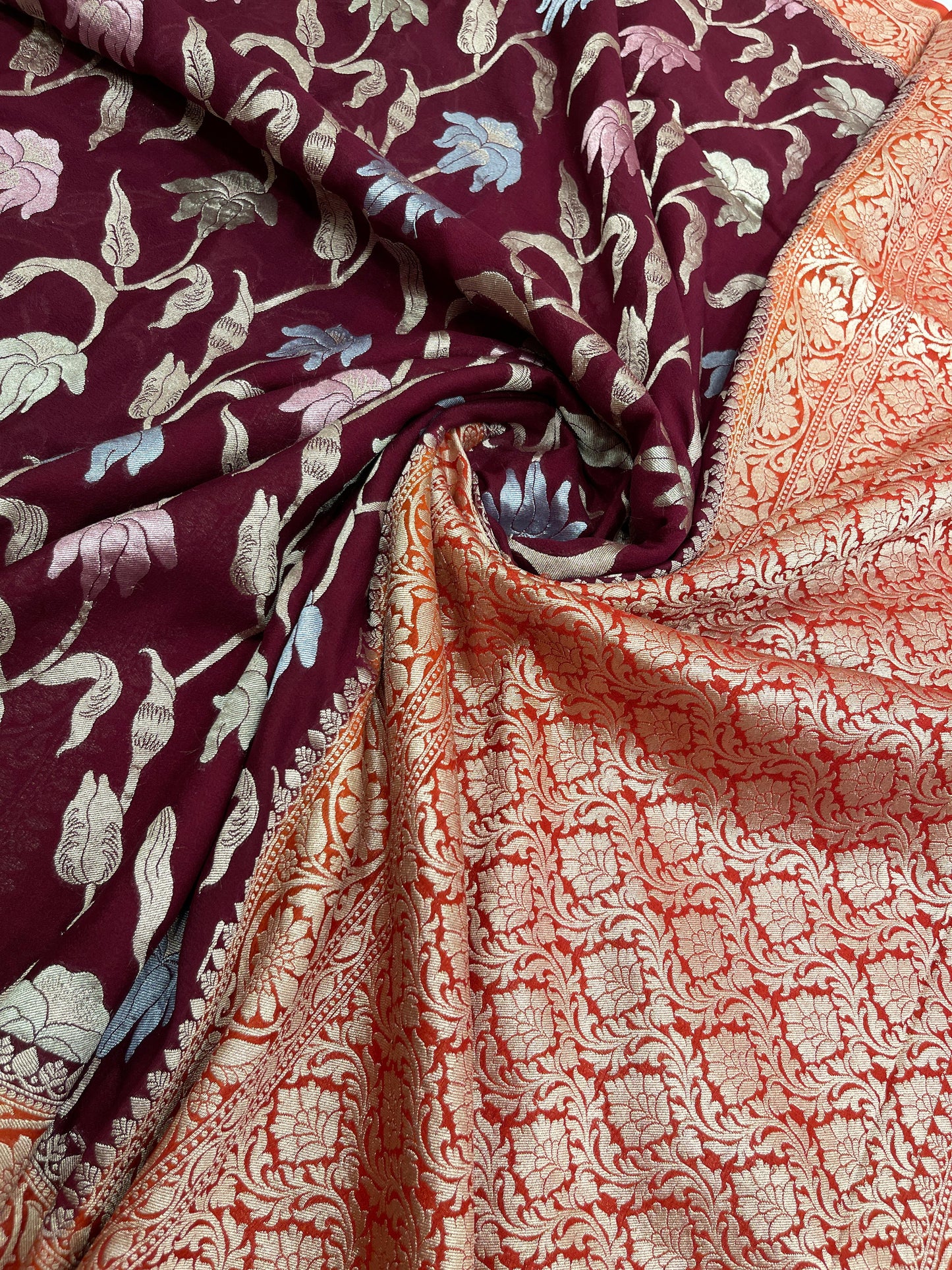 Faishana Presents Brown Tussar Silk Handpainted Floral Zari Jaal with Contrast Red Banarasi Floral Jaal Pallu Zari Border and Red Blouse