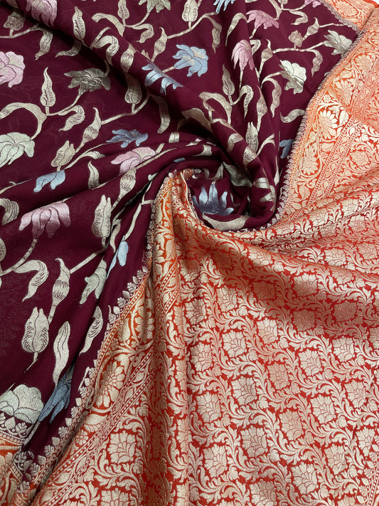 Faishana Presents Brown Tussar Silk Handpainted Floral Zari Jaal with Contrast Red Banarasi Floral Jaal Pallu Zari Border and Red Blouse