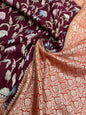 Faishana Presents Brown Tussar Silk Handpainted Floral Zari Jaal with Contrast Red Banarasi Floral Jaal Pallu Zari Border and Red Blouse