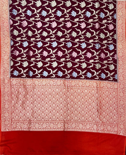 Faishana Presents Brown Tussar Silk Handpainted Floral Zari Jaal with Contrast Red Banarasi Floral Jaal Pallu Zari Border and Red Blouse