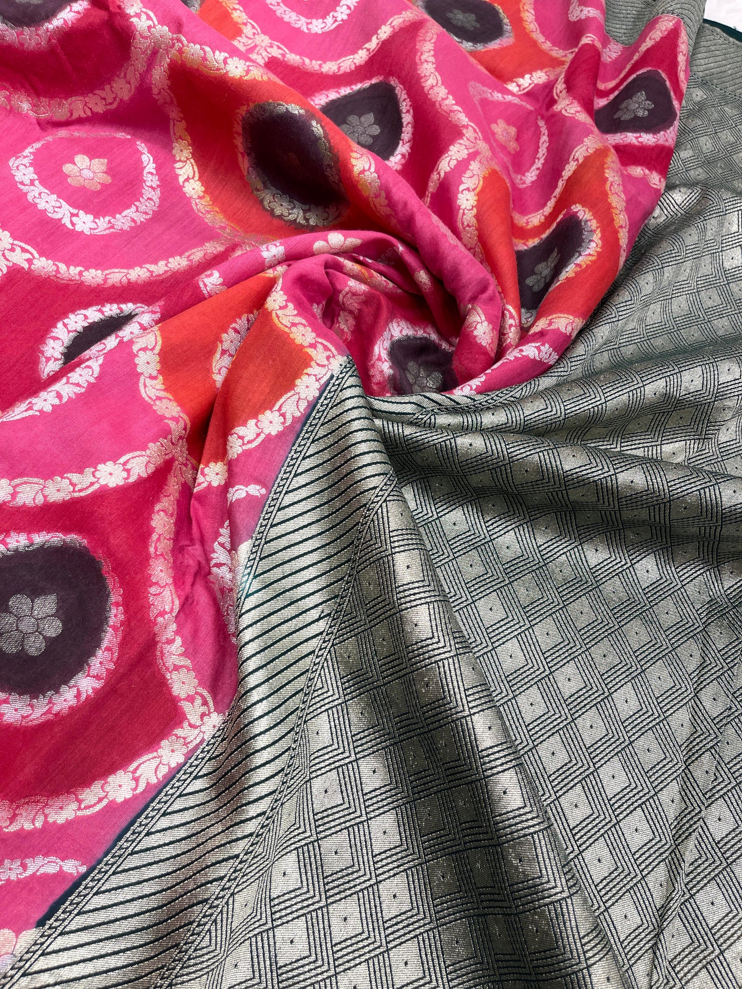 Faishana Presents Pink Tussar Silk Sona Rupa Floral Zari Rangkaat Boota with Contarst Dark Green Ada Stripe Banarasi Pallu Zari Border and Dark Green Blouse