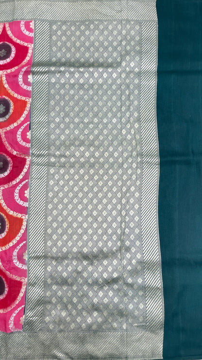 Faishana Presents Pink Tussar Silk Sona Rupa Floral Zari Rangkaat Boota with Contarst Dark Green Ada Stripe Banarasi Pallu Zari Border and Dark Green Blouse