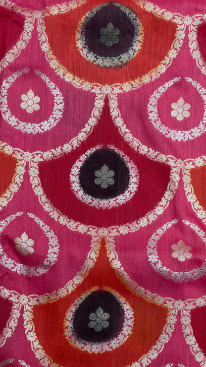 Faishana Presents Pink Tussar Silk Sona Rupa Floral Zari Rangkaat Boota with Contarst Dark Green Ada Stripe Banarasi Pallu Zari Border and Dark Green Blouse