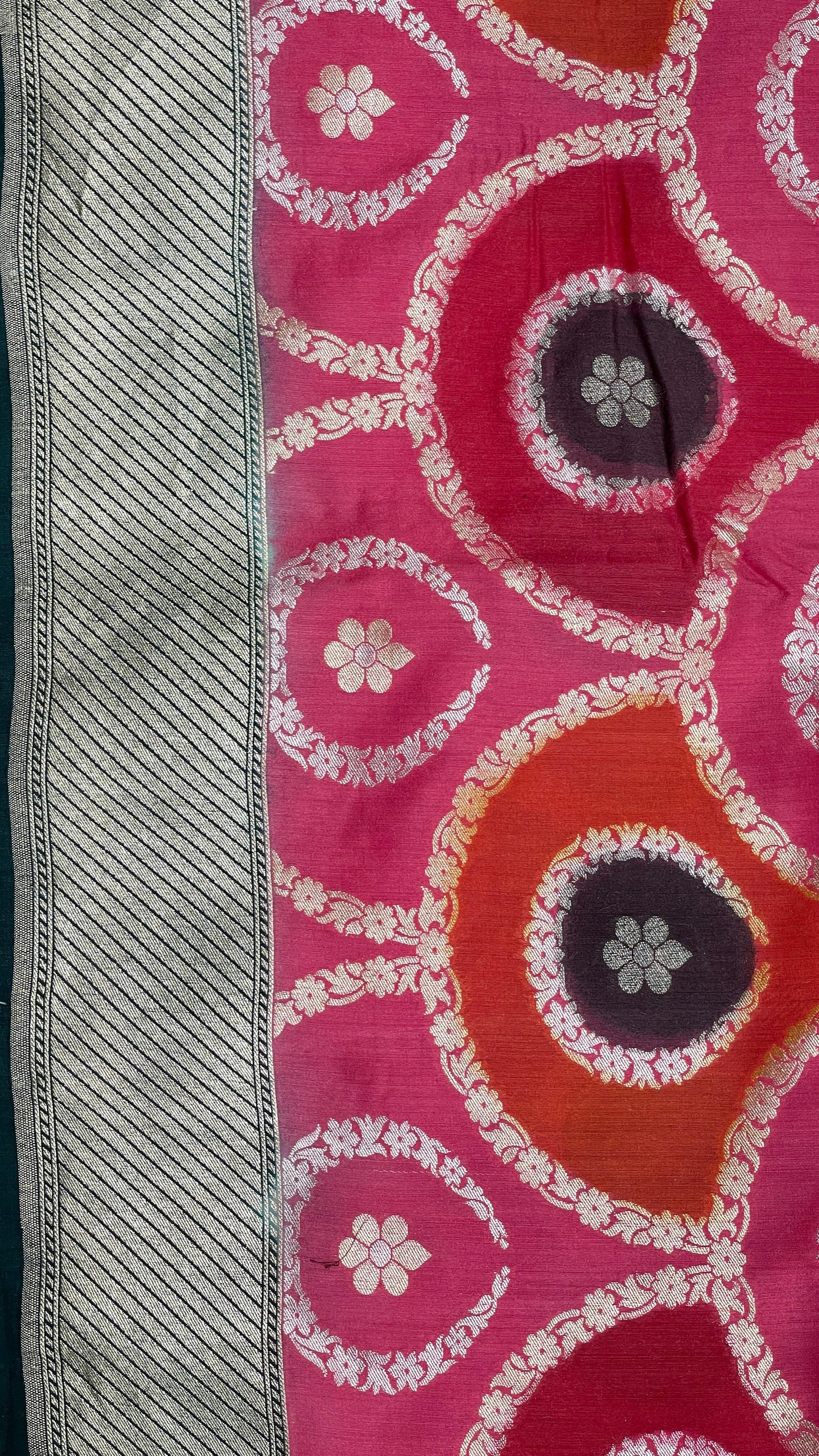 Faishana Presents Pink Tussar Silk Sona Rupa Floral Zari Rangkaat Boota with Contarst Dark Green Ada Stripe Banarasi Pallu Zari Border and Dark Green Blouse