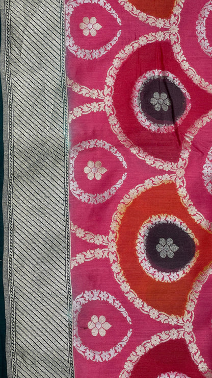Faishana Presents Pink Tussar Silk Sona Rupa Floral Zari Rangkaat Boota with Contarst Dark Green Ada Stripe Banarasi Pallu Zari Border and Dark Green Blouse