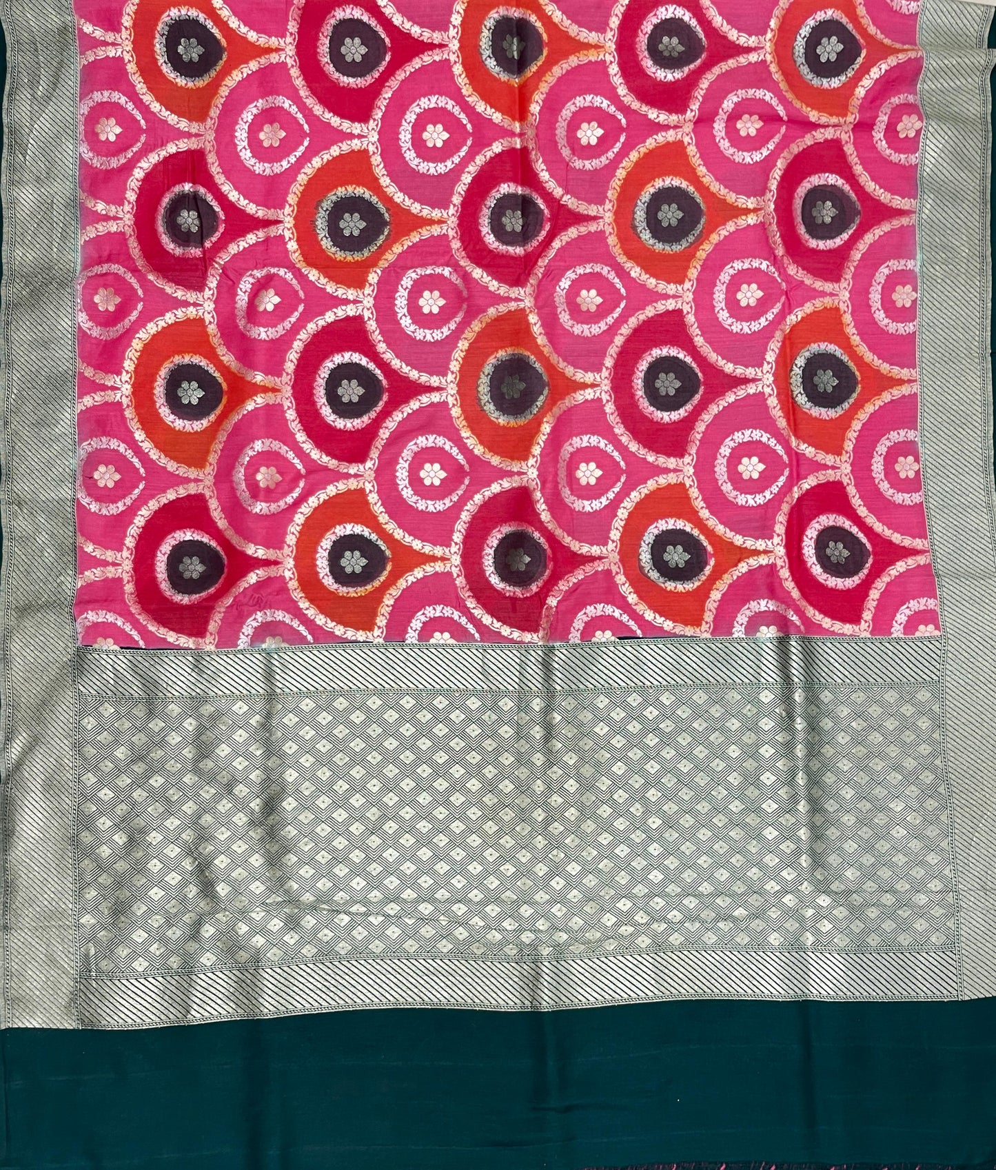 Faishana Presents Pink Tussar Silk Sona Rupa Floral Zari Rangkaat Boota with Contarst Dark Green Ada Stripe Banarasi Pallu Zari Border and Dark Green Blouse