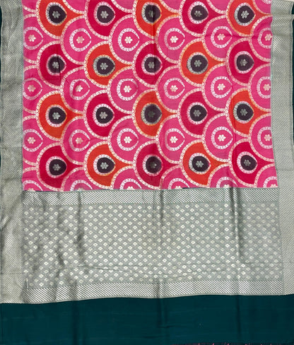 Faishana Presents Pink Tussar Silk Sona Rupa Floral Zari Rangkaat Boota with Contarst Dark Green Ada Stripe Banarasi Pallu Zari Border and Dark Green Blouse