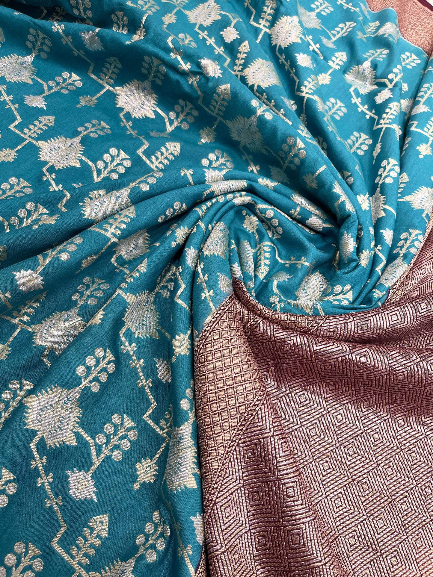 Faishana Presents Sea Green Tussar Silk Floral Silver Minakari Stripe Jaal with Contrast Brown Banarasi Pallu Zari Border and Brown Blouse