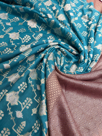 Faishana Presents Sea Green Tussar Silk Floral Silver Minakari Stripe Jaal with Contrast Brown Banarasi Pallu Zari Border and Brown Blouse