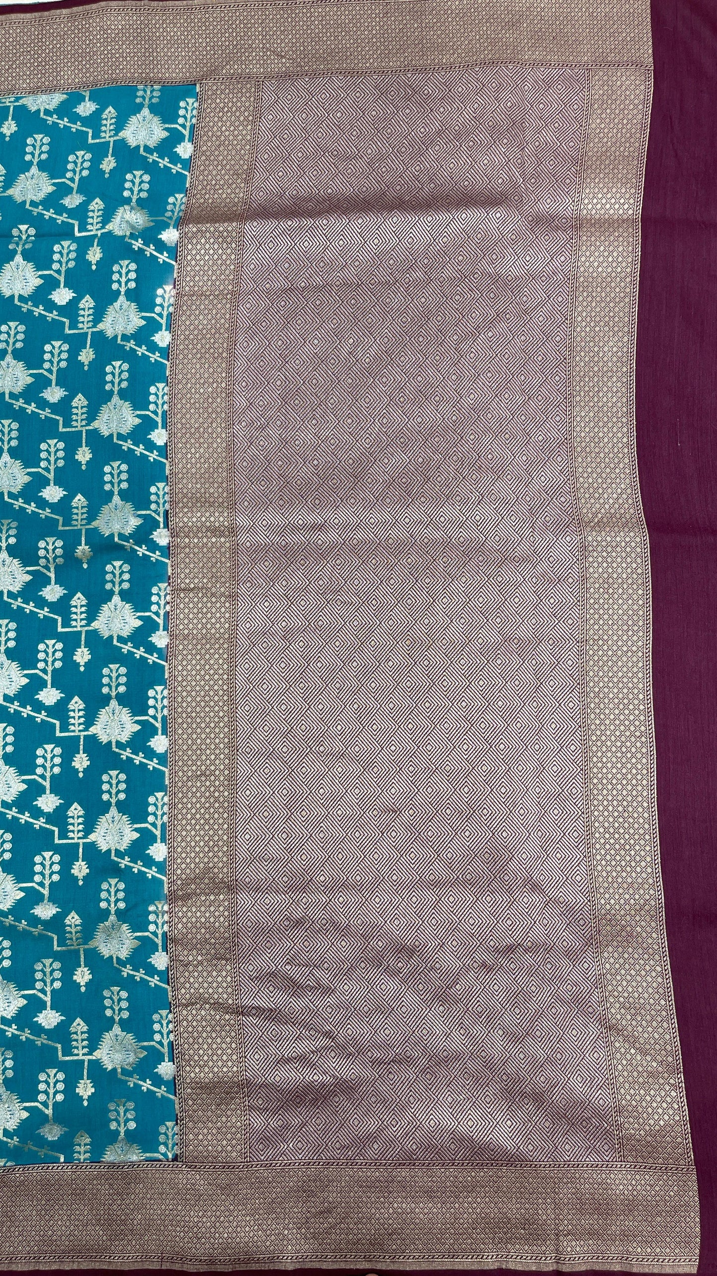 Faishana Presents Sea Green Tussar Silk Floral Silver Minakari Stripe Jaal with Contrast Brown Banarasi Pallu Zari Border and Brown Blouse