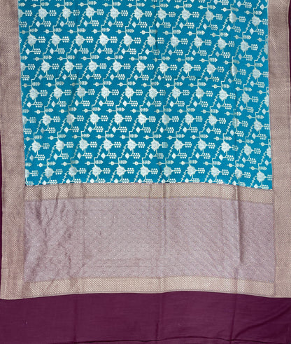 Faishana Presents Sea Green Tussar Silk Floral Silver Minakari Stripe Jaal with Contrast Brown Banarasi Pallu Zari Border and Brown Blouse